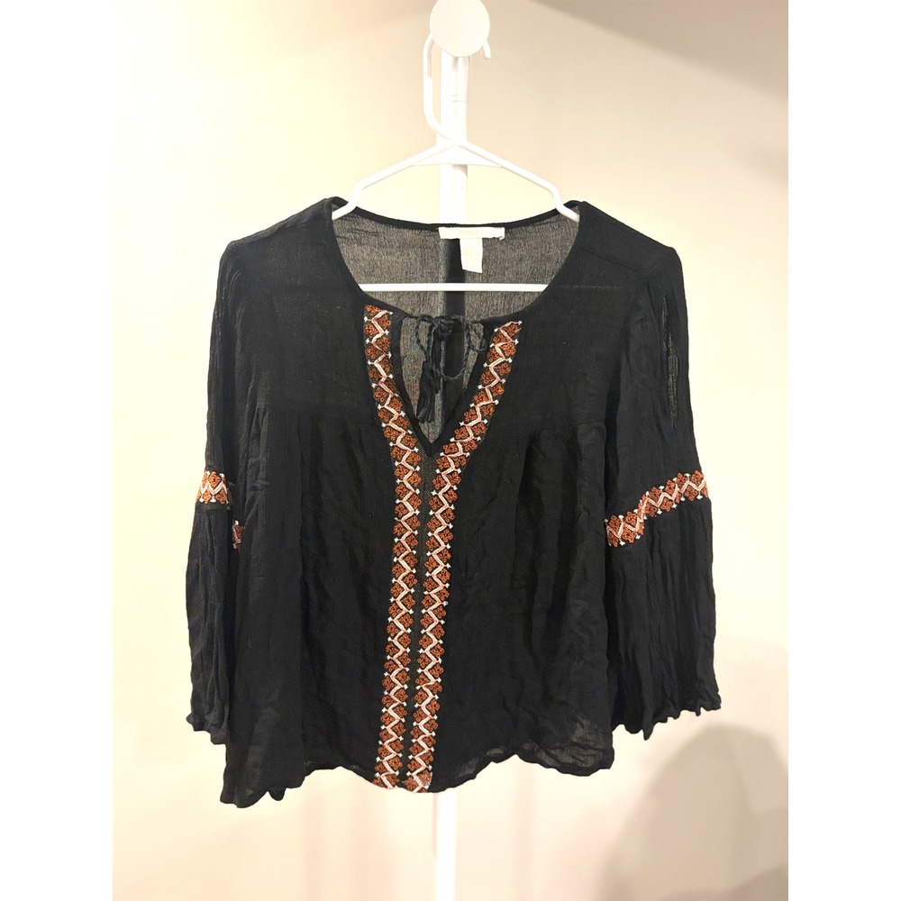 Boho Embroidered Peasant Top Small Black Orange Tassel Bell Sleeve Blouse
